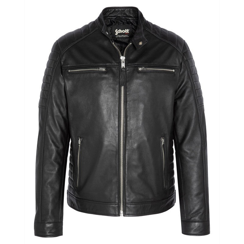 Schott NYC Men BIKER Jacket QUILTED SLEEVES Black
