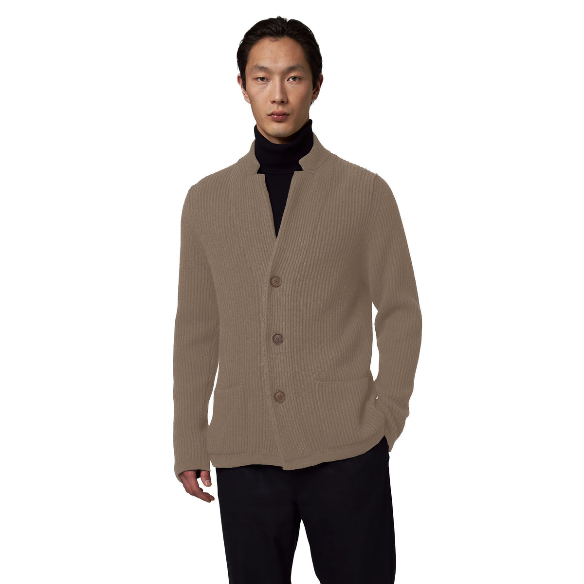 Alpha Studio Men Jacket Lapel Knit English Rib Camel