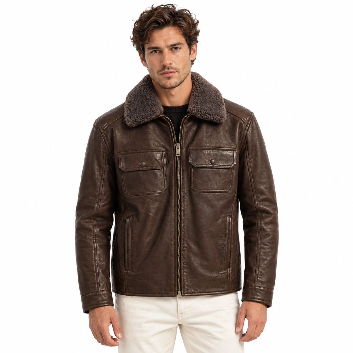 Emilio Romanelli Men Jacket Leather Colletto Pelliccia Brown